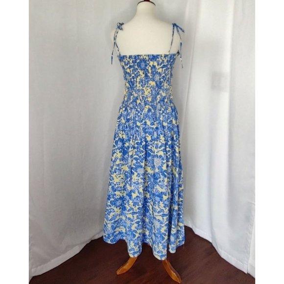 J.Crew Collection Dress Tie Shoulder Smocked Floral Cotton Poplin Blue Yellow Su - Picture 7 of 13